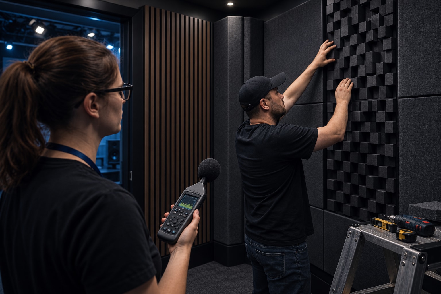 Young technicians installing acoustic treatment and checking room response