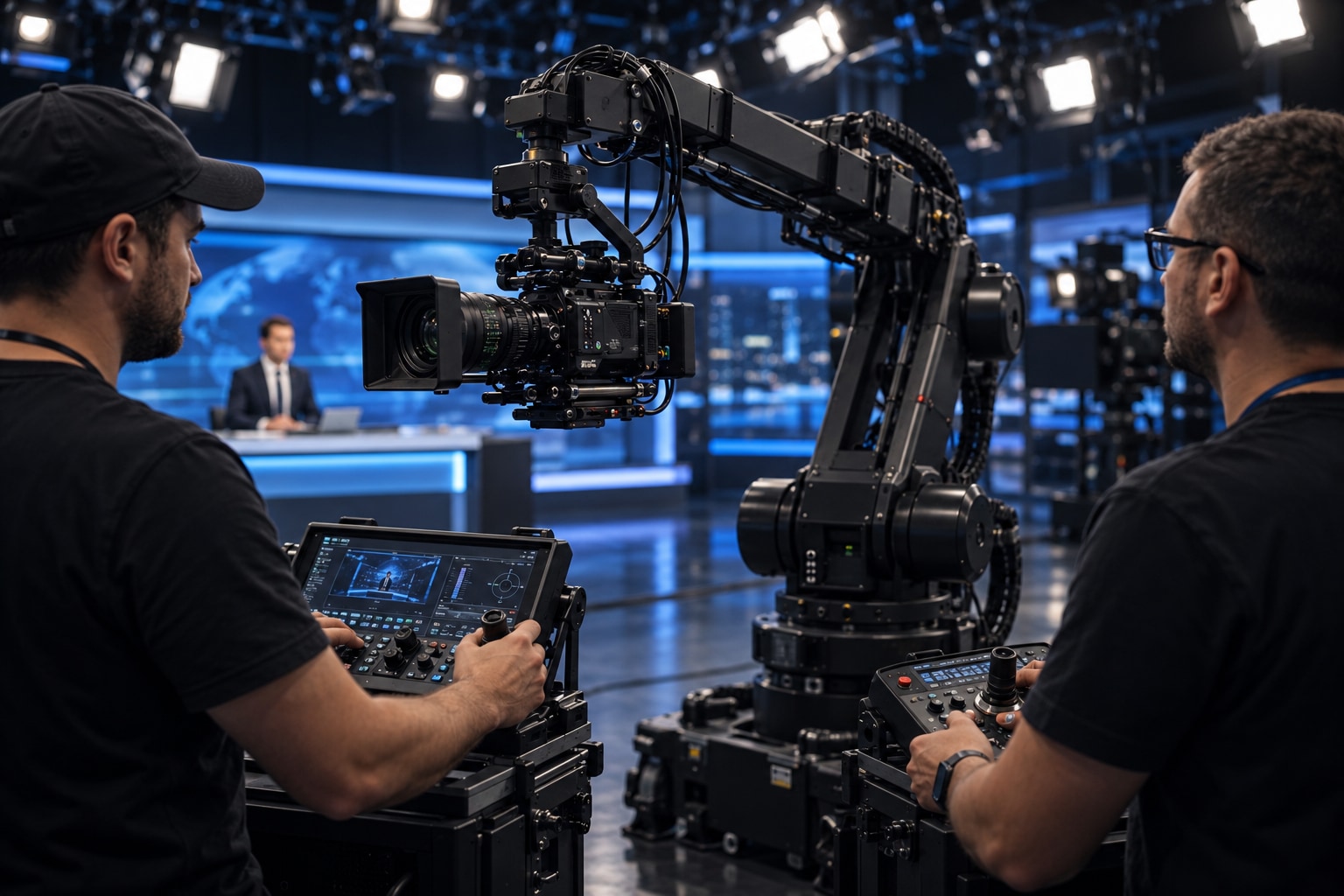 Two technicians calibrating a robotic camera arm in a television studio