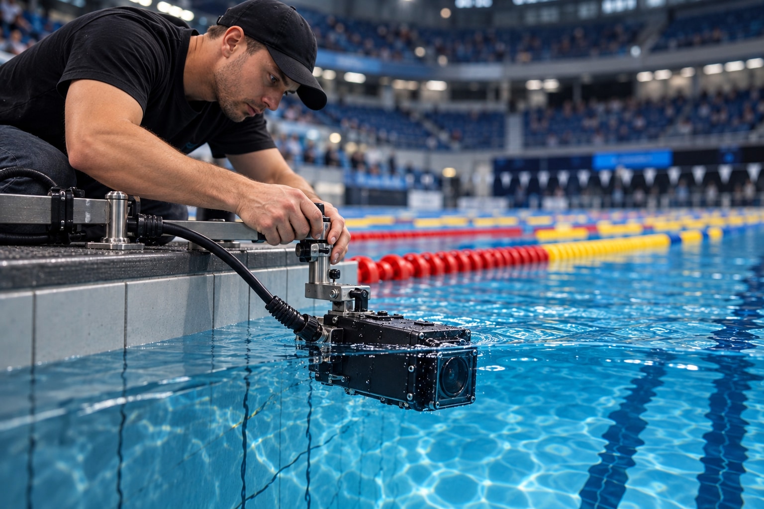Technician adjusting a mounted underwater broadcast camera at a swimming pool