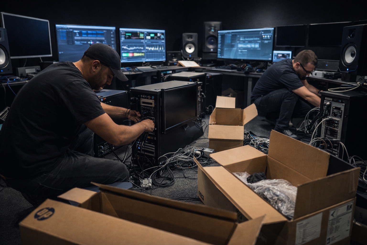 Engineers wiring racks and systems