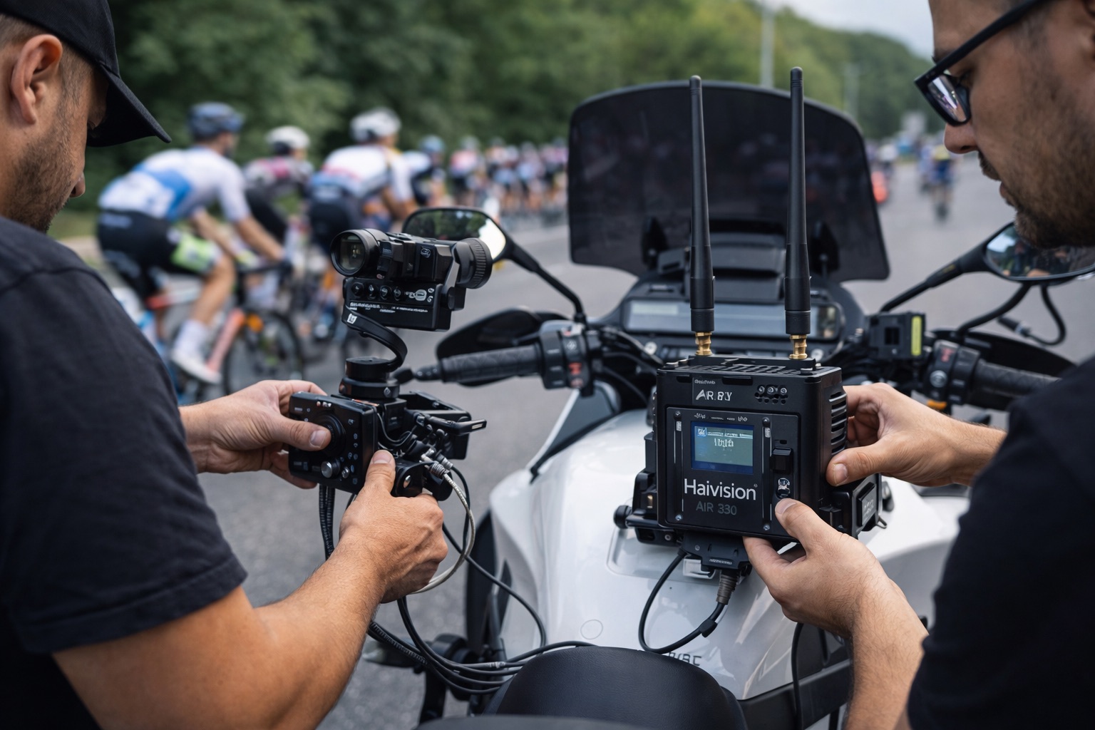 Wireless transmission setup on a motorcycle for cycling race